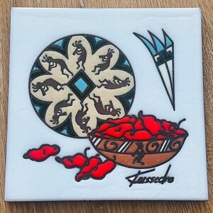 Vtg Cleo Teissedre Signed Kokopelli Ceramic Tile Southwestern Chili Pepper Art